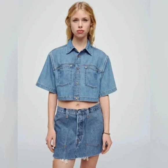 Re Done Denim Button down Crop Top - Picture 2 of 5